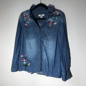 Vintage America blues chambray sm floral embroidered long sleeve v neck top